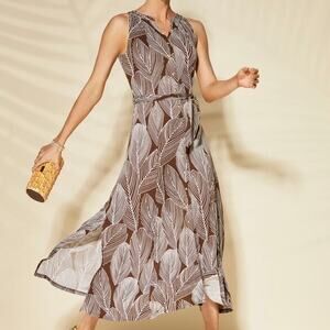 Talbots Plus Size 1X Linear Palms Tie Belt Jersey Maxi Shirt Dress